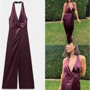 Zara Satin Deep Plum Halter Jumpsuit